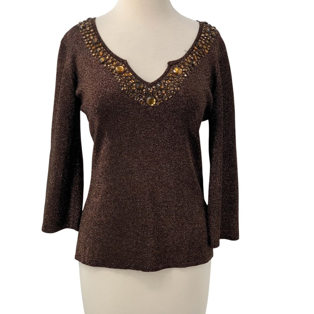 Joseph A Women's Brown Metallic Knit Embellished V-Neck 3/4l‎ Sleeve Top Size M